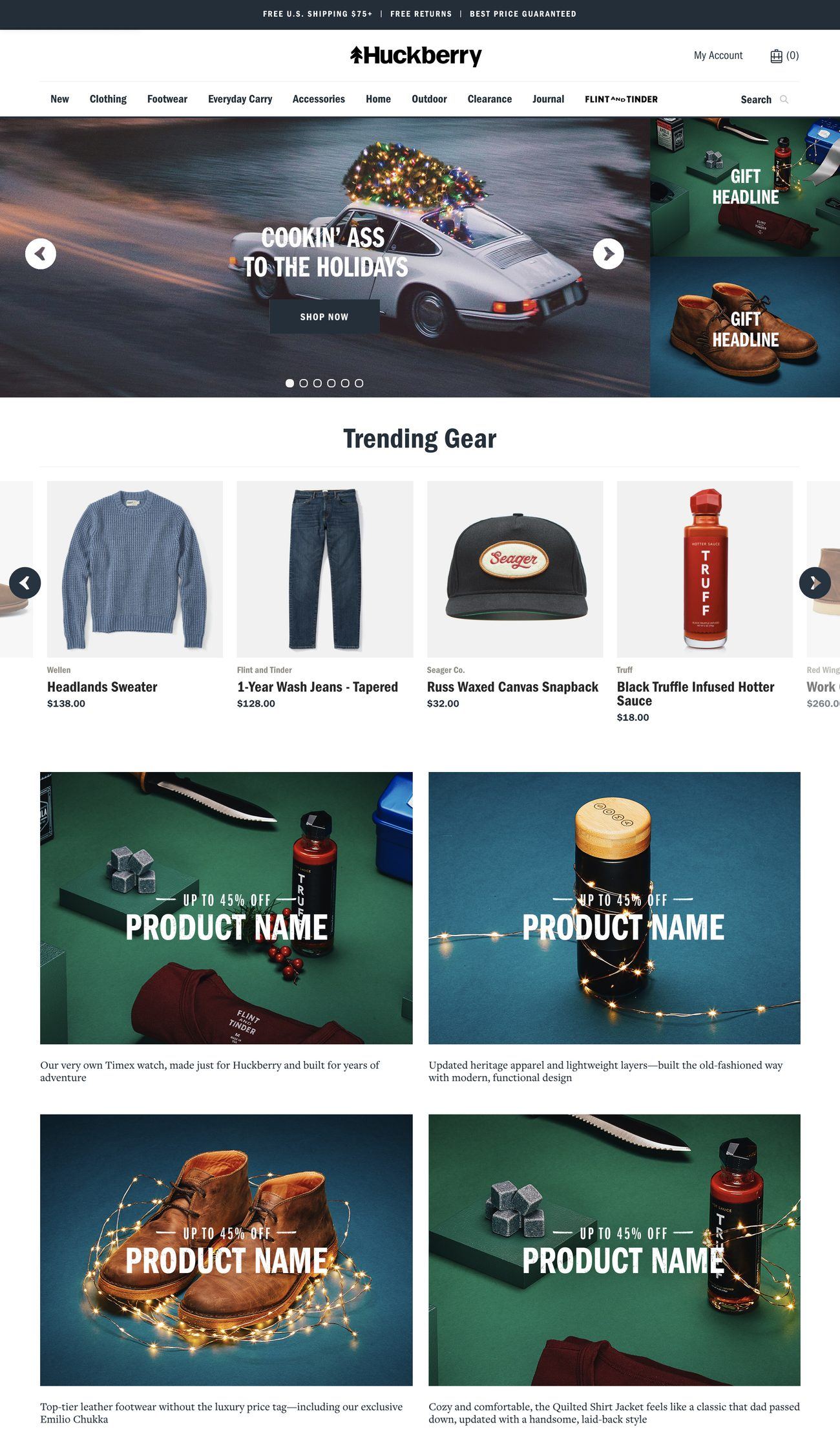 Huckberry holiday gifts homepage takeover