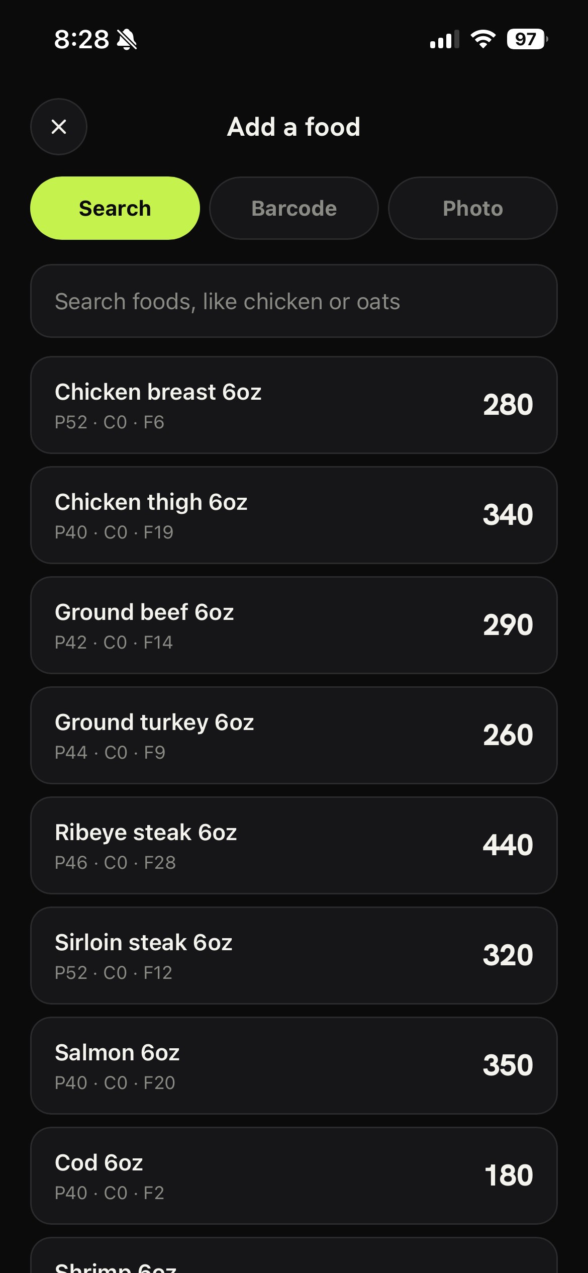 Spotter food logging screen